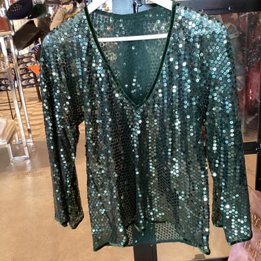 Oscar de la Renta Green Sheer Sequined top