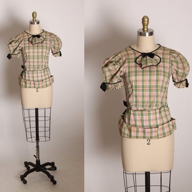 1930s 1940s Tan, Pink and Green Plaid Short Sleeve Gathered Bustle Bow Tie Victorian Style Cottagecore Blouse -XXS 