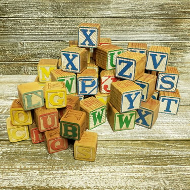 1970s Vintage Alphabet Blocks, Childs Learning Wooden Toy Blocks, Capital Letters Square Toddler Childrens ABC Building Blocks, Vintage Toys 