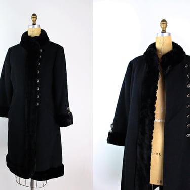 60s Black Princess Wool Coat / Russian Style Princess Coat / Faux Fur Collar Coat / Mod Coat / 60s Military Coat / Vintage Lord and Taylor 