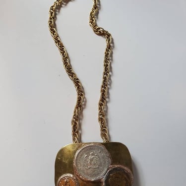 Brass multi coin necklace with sculptured art 1971 reworked and designed by Amanda Hunter for Minx and Onyx Vintage 