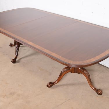Ethan Allen Georgian Banded Mahogany Double Pedestal Extension Dining Table, Newly Refinished