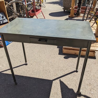 Small Metal Green Desk on Castors 32 x 27.75 x 16.75