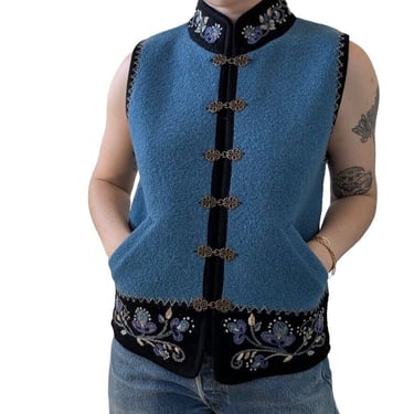 Vintage Icelandic Designs Blue Boiled Wool Floral Embroidered Nordic Vest Sz M 