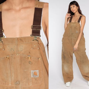 Carhartt Overalls Y2K Brown Streetwear Cargo Dungarees Coveralls Workwear Overalls Distressed Utility Work Wear Vintage Mens 44 x 30 Large L 
