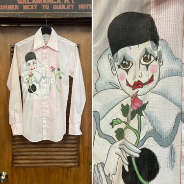 Vintage 1970’s Pierrot Clown Artwork Pink Pleated Tuxedo Painted Dress Shirt, 70’s Vintage Clothing 