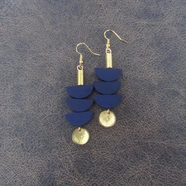 Navy blue wooden earrings, mid century modern earrings, unique pagoda earrings, gold 