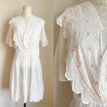 Vintage 1920s White Cotton Day Dress / M 