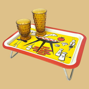 Vintage TV Tray Retro 1960s Mid Century Modern + BBQ Cookout Design + Metal + Serving Food + MCM Lap Tray + Folding Legs + Standing Tray 