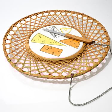 Vintage Cheese Board with Wicker Surround, Midcentury 