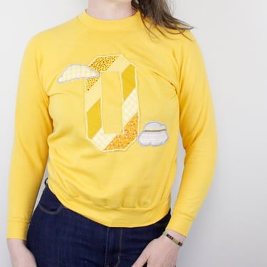 Vintage 80's sweatshirt, golden yellow, Handmade Applique patchwork ZERO with clouds - XS 