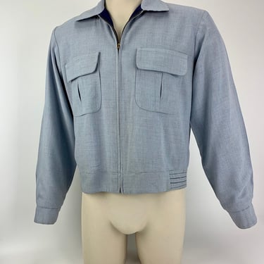 1950's Reversible Jacket - Rayon Gabardine - Ricky Jacket - Light Blue to Navy - Slash & Flap Patch Pockets - Men's Size 38 MEDIUM 