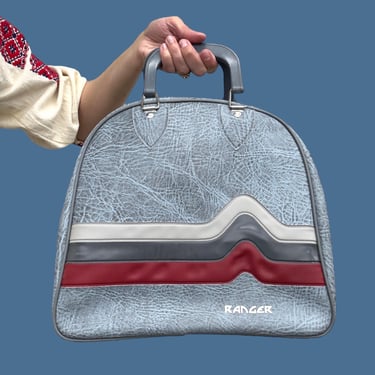 Vintage Bowling Bag Retro 1970s Mid Century Modern + Ranger + Faux Leather + Greyish Blue + Maroon + Grey + MCM + Carrying Case + Unisex 