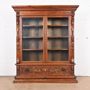 Antique French Renaissance Ornate Carved Walnut Bookcase Cabinet, Circa 1900