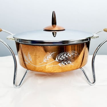 1950's Copper & Glass Fire-King Bowl Warmer Chafing Dish Stand Pyrex Food Server 1.5 quart Wheat Pattern Vintage Mid Century Kitchen Cooking 
