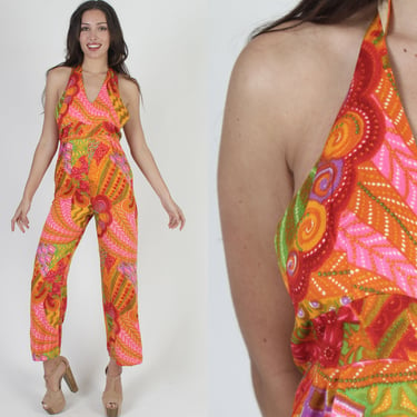 Colorful 60s Neon Floral Jumpsuit, Hawaiian Halter Top Luau Playsuit, Vintage Hawaii Beach Style Pant Suit 