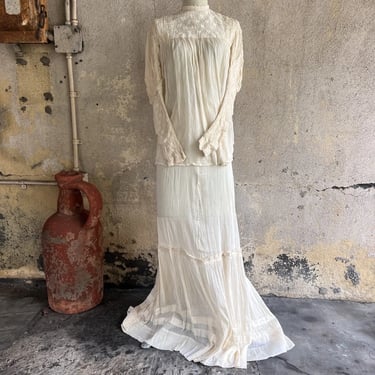Antique Edwardian White Silk & Cotton Lace Tea Dress Bridal Wedding 2pc Vintage