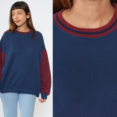 90s Ringer Sweatshirt Navy Blue Burgundy Color Block Striped Sportswear Pullover Shirt 1990s Vintage Athleisure XXL 2xl 