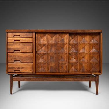 Patinaed Daniska Group Modernist Credenza with Button-Tufted Doors in Walnut by Salvatore Bevelacqua, USA, c. 1950s 
