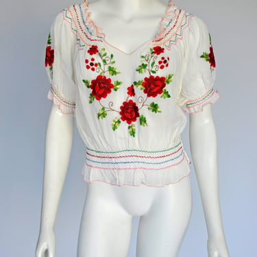 vintage 1930s Hungarian floral embroidered folk blouse XS-M 