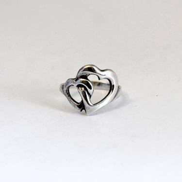 60's sterling minimalist double hearts size 4.5 ring, abstract 925 silver open work sweetheart ring 