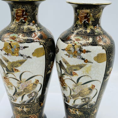 Vintage Pair of  Japan 13" Large Satsuma Mantle vases, Black and Gold Flying BIrds  Moriage Nippon Highlights- Chip Free 