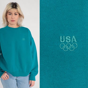 USA Olympics Sweatshirt 90s Teal Green Crewneck Sweatshirt 1992 Olympic Games Embroidered Pullover Sports Long Sleeve Shirt Vintage 1990s XL 