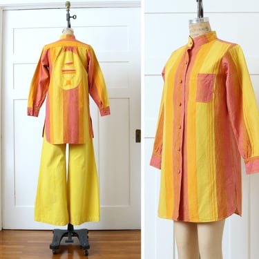 vintage 1970s artisan embroidered tunic & bell bottom pants • bright striped Mexican cotton shirt set by Vercellino Designs 