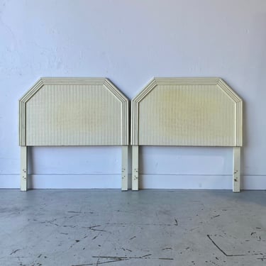 Set of 2 Vintage Twin Headboards with Faux Bamboo and Rattan Wicker - Pair of White Coastal Bedroom Furniture 