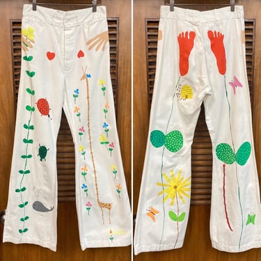 Vintage 1960’s w29 Artwork Nature Pop Art Cotton Twill Flare Mod Glam Pants, Hippie Style, 60’s Sailor Pants, Vintage Clothing 