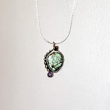 Handmade Turquosie Pendant in sterling silver with solid gold accents and amethyst 