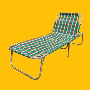 Vintage Lawn Chaise Lounge Retro 1960s Mid Century Modern + Sears and Roebuck + Silver Aluminum Frame + Teal Plaid + Vinyl Fabric + MCM Cot 