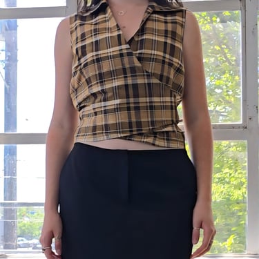 Plaid Silk Shantung Wrap Blouse