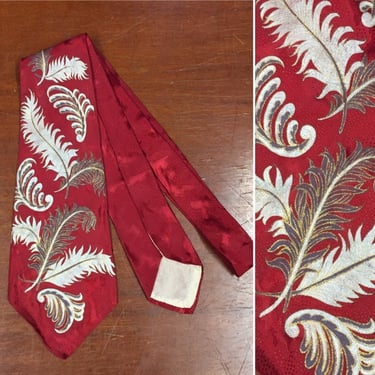 Vintage 1940’s Necktie, Feather Print, 1950’s Tie, Rockabilly Tie, Swing Tie, Mid Century Tie 