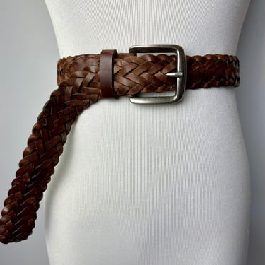 90’s braided leather belt~ thick brown woven belt~ chunky buckle~ Unisex androgynous 1990’s trendy/ open size M/L/ As-is 