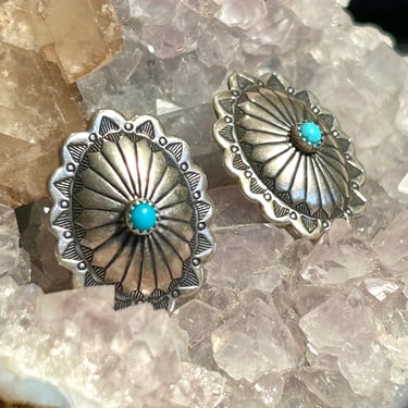 Silver Tone Concho Earrings With Blue Stone Vintage Western Retro Fashion Gift 