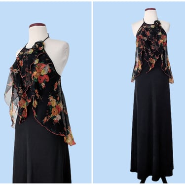 Vintage 70s Black Floral Maxi Dress, 1970s Boho Halter Top Full Length Jersey Dress 