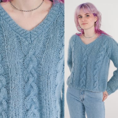 Blue Mohair Sweater 80s Cable Knit Open Weave Sheer Slouchy Boho Pullover V Neck Knit Sweater Knitwear 1980s Vintage Medium 