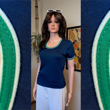 Vintage 1970s Navy, Green & White Scoop Neck Ringer Tee Short Sleeve T-shirt / 60s 70s Sporty Spring Summer Knit 