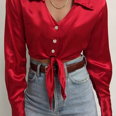 90s Cropped Chili Satin Tie Blouse