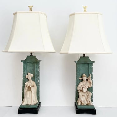 Oversize Figurative Chinoiserie Chalk/Plaster Lamps & Shades - a Pair 