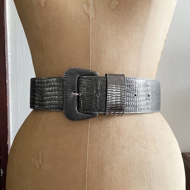 Vintage ‘80s ‘90s silver faux snakeskin belt | wide cinch belt, glam, XS/S 