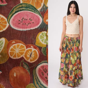 90s Broomstick Skirt Fruit Print Boho Hippie Orange Watermelon Gauze Skirt 1990s Maxi Bohemian Vintage Festival Green Small Medium Large 
