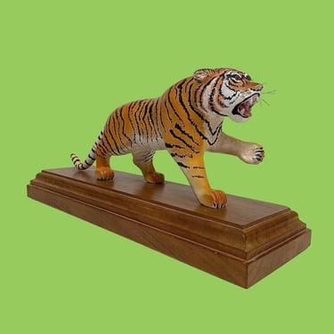 Vintage Tiger Statue Retro 1970s Mid Century Modern + Hand Carved + Wood + Hand Painted + Orange + Black + White + Animal Decor + MCM Cat 