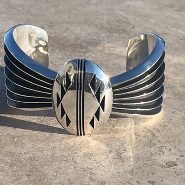 Tsosie and Mary Taylor ~ Vintage Navajo Wide Lined Heavy Sterling Silver Cuff Bracelet with Shadowbox Center 