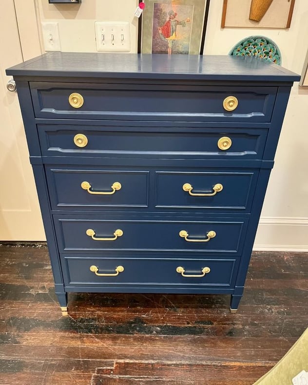 Blue painted 5 drawer chest of drawers by Drexel. 38” x 20” x 47” 