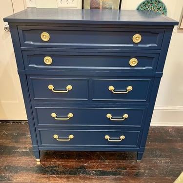 Blue painted 5 drawer chest of drawers by Drexel. 38” x 20” x 47” 