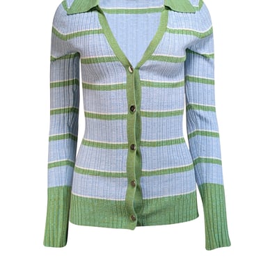 Ramy Brook - Light Blue & Green Stripe Ribbed Knit Button Front Shirt Sz S