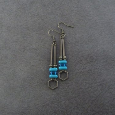 Minimalist teal blue earrings, bronze mid century earrings, statement brutalist earrings, dainty geometric earrings, unique dangle earrings 