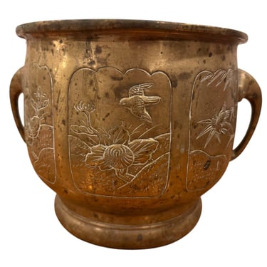 Large Brass Etched Plant Pot with Elephant Handles 